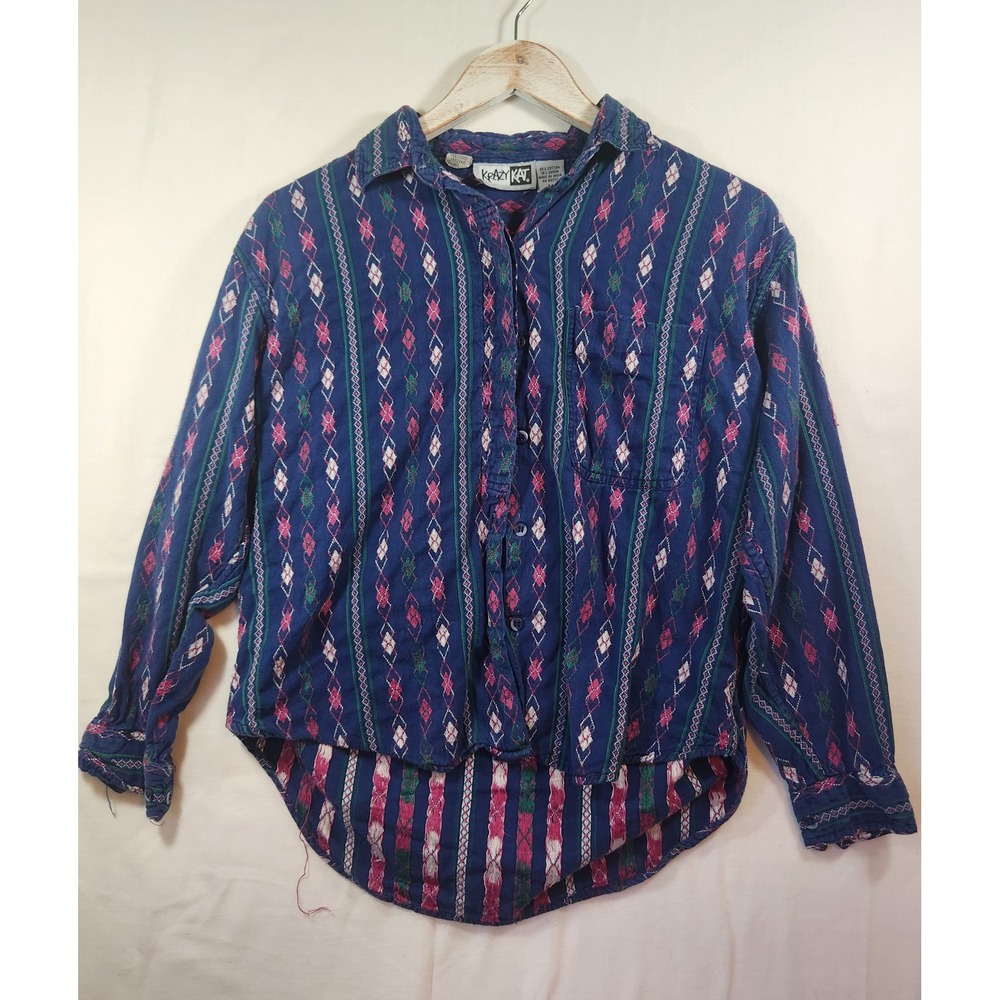 Krazy Kat Vintage Blue Geometric‎ Diamond Stripe Button Down Shirt Womens Medium